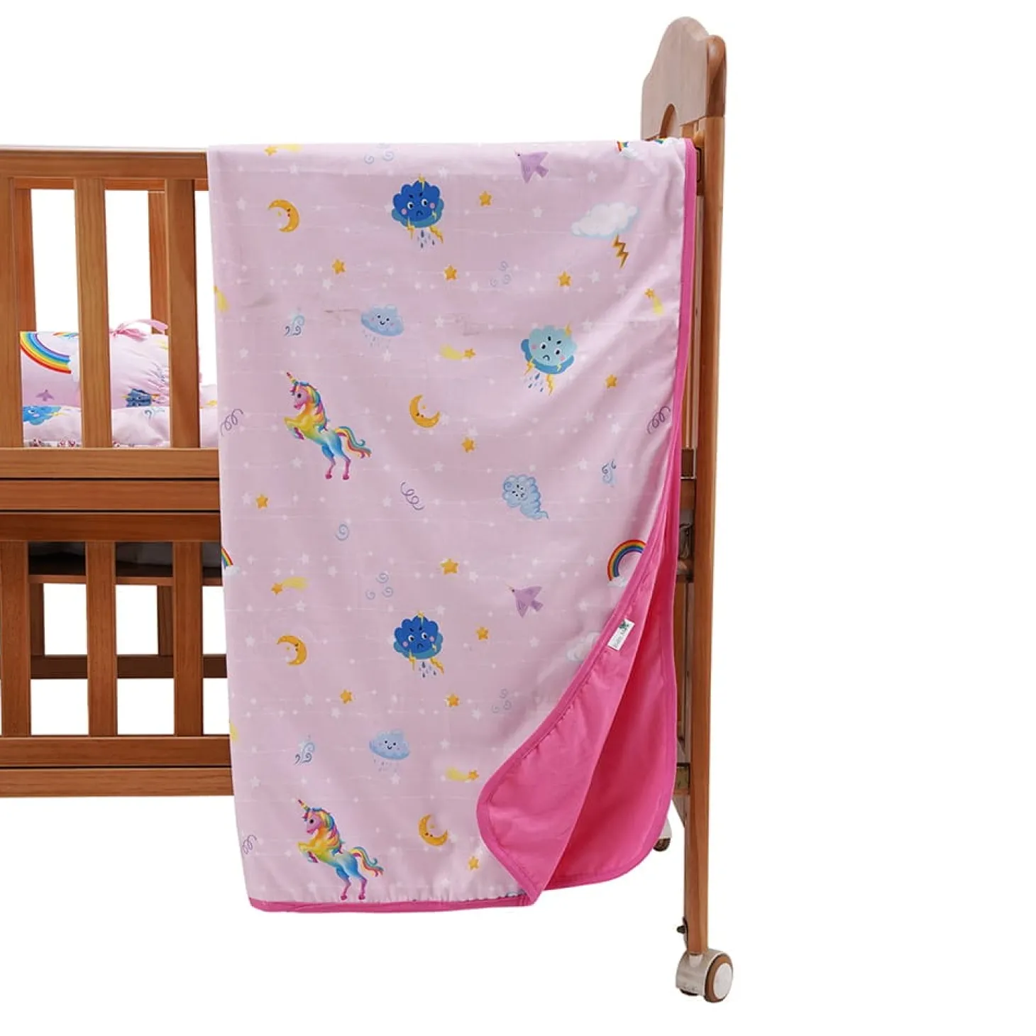 Baby Moo Unicorn Soft Velvet U Pillow, Side Bolsters 5 Pcs Mattress And Blanket Set - Pink