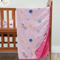 Baby Moo Unicorn Soft Velvet U Pillow, Side Bolsters 5 Pcs Mattress And Blanket Set - Pink