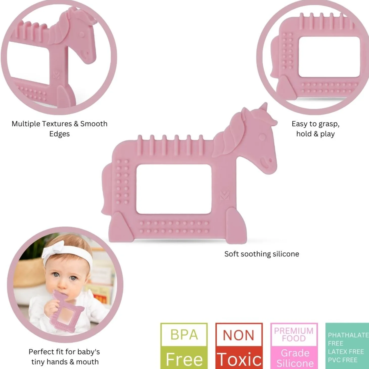 Baby Moo Unicorn Soothing Silicon Teether BPA And Toxin Free - Pink