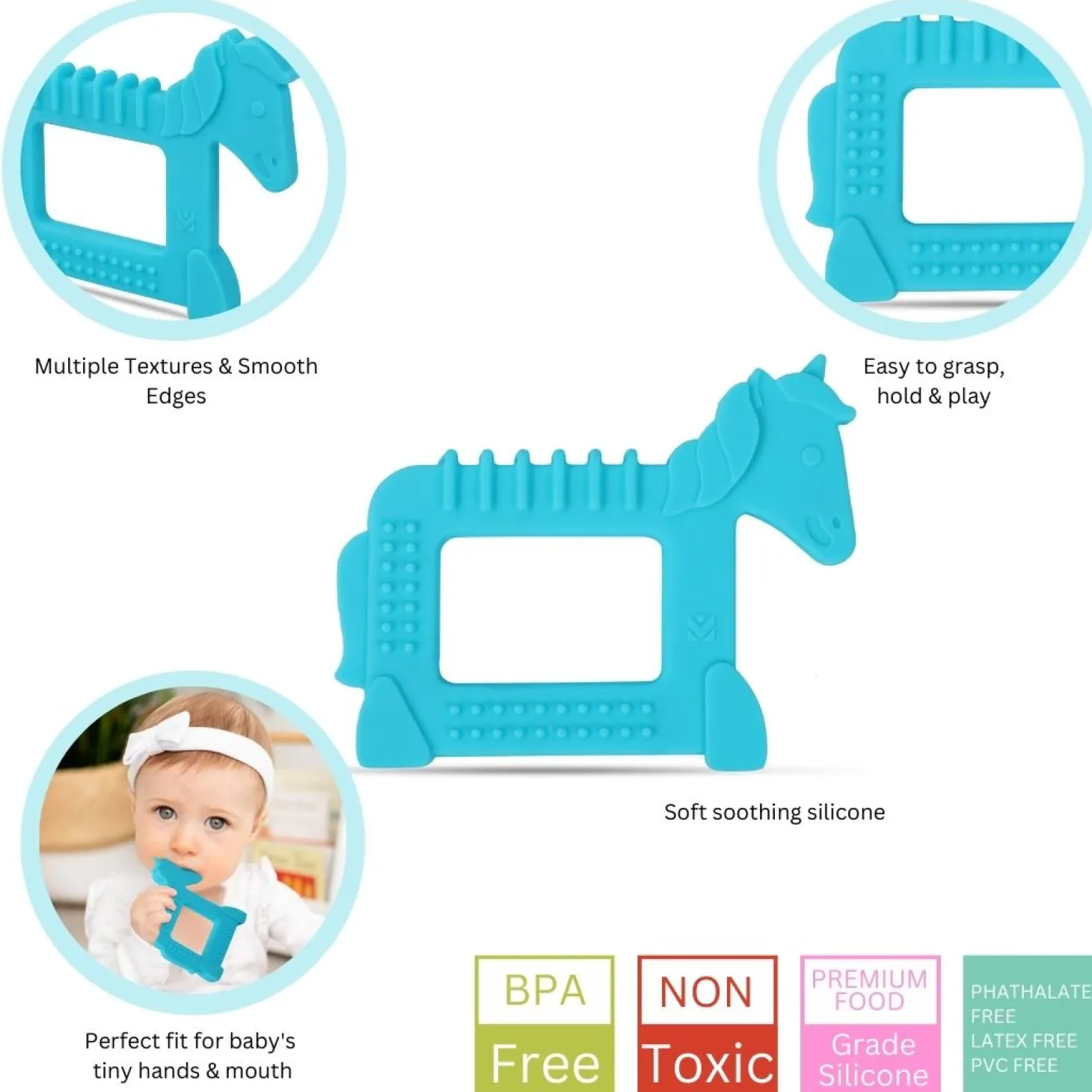 Baby Moo Unicorn Soothing Silicon Teether BPA And Toxin Free - Blue