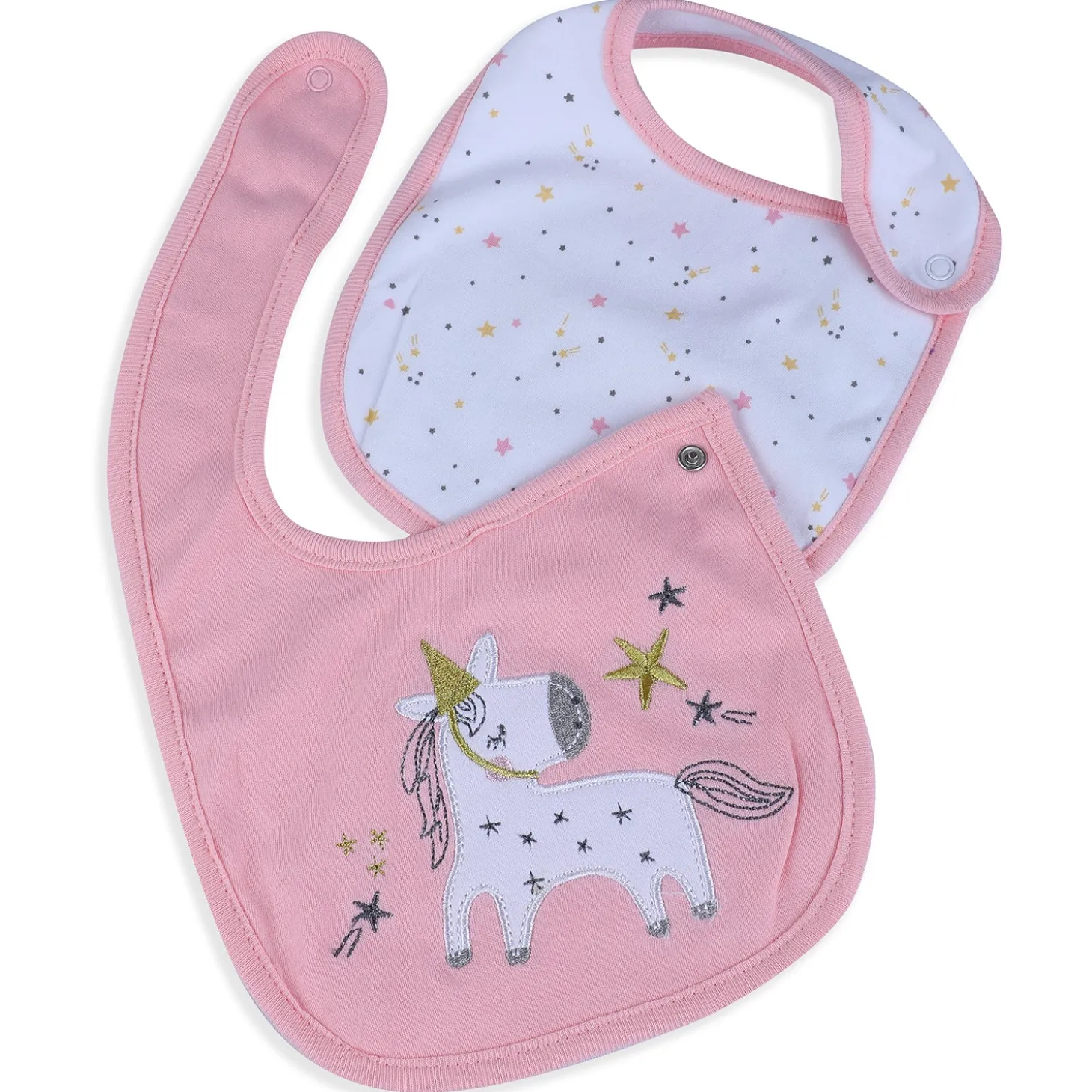 Baby Moo Unicorn Star Cotton 2 Pack Buttoned Feeding Bibs - Pink
