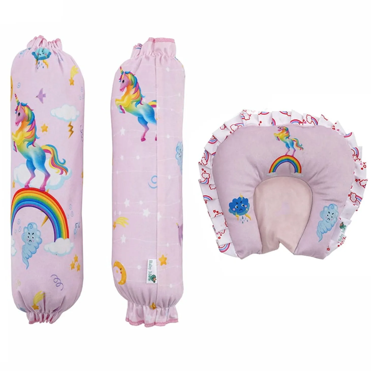 Baby Moo Unicorn Velvet Side Bolster And U Shape Matching Pillow Set - Pink