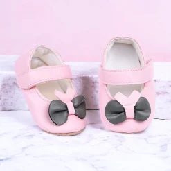 Baby Moo Vegan Leather Bow Velcro Strap Anti-Skid Ballerina Booties - Pink