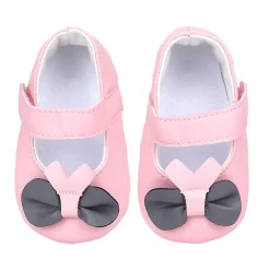 Baby Moo Vegan Leather Bow Velcro Strap Anti-Skid Ballerina Booties - Pink