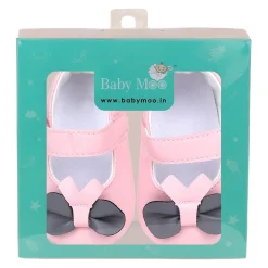Baby Moo Vegan Leather Bow Velcro Strap Anti-Skid Ballerina Booties - Pink