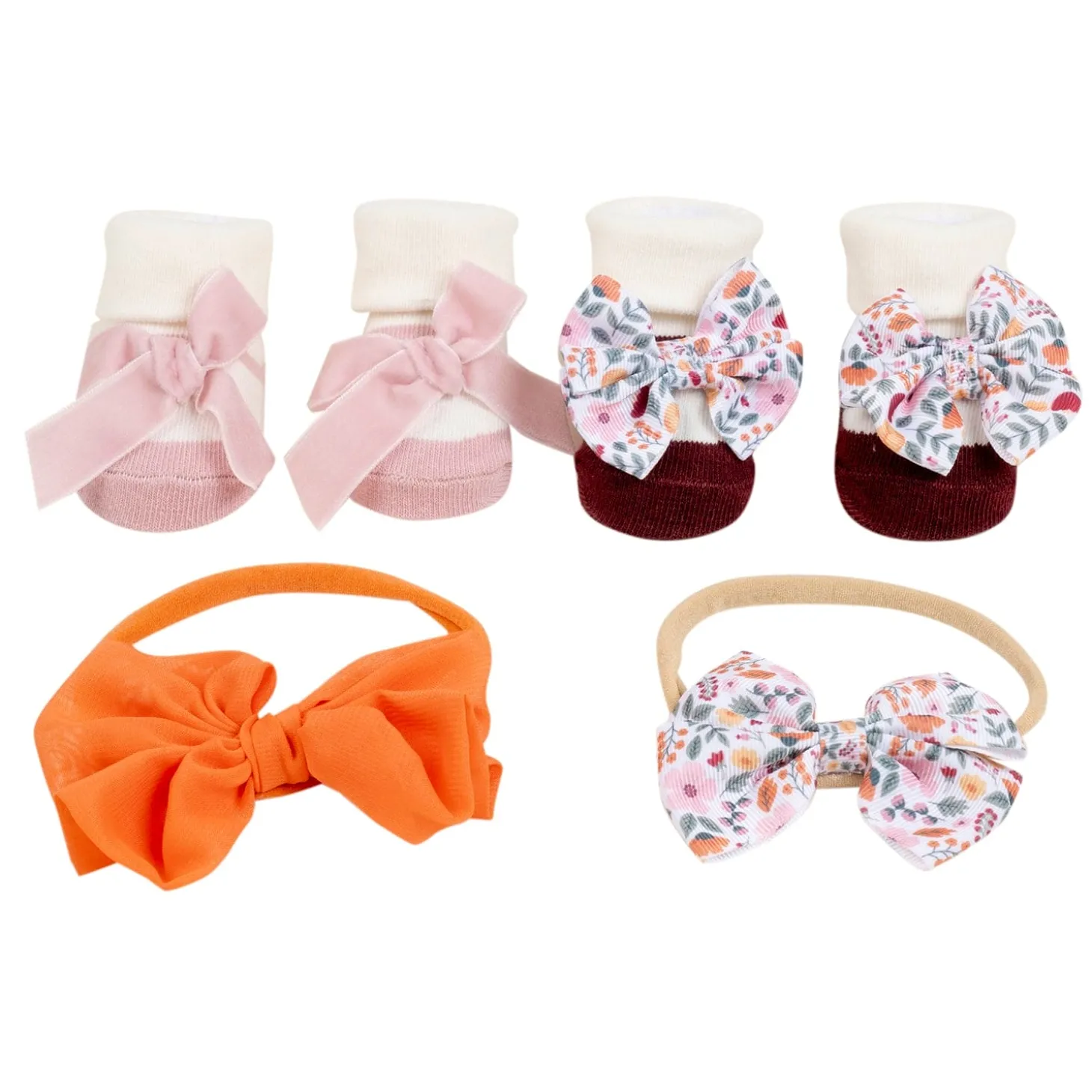Baby Moo Vibrant Infant Girl 4-Piece Gift Hairband And Socks Set - Pink
