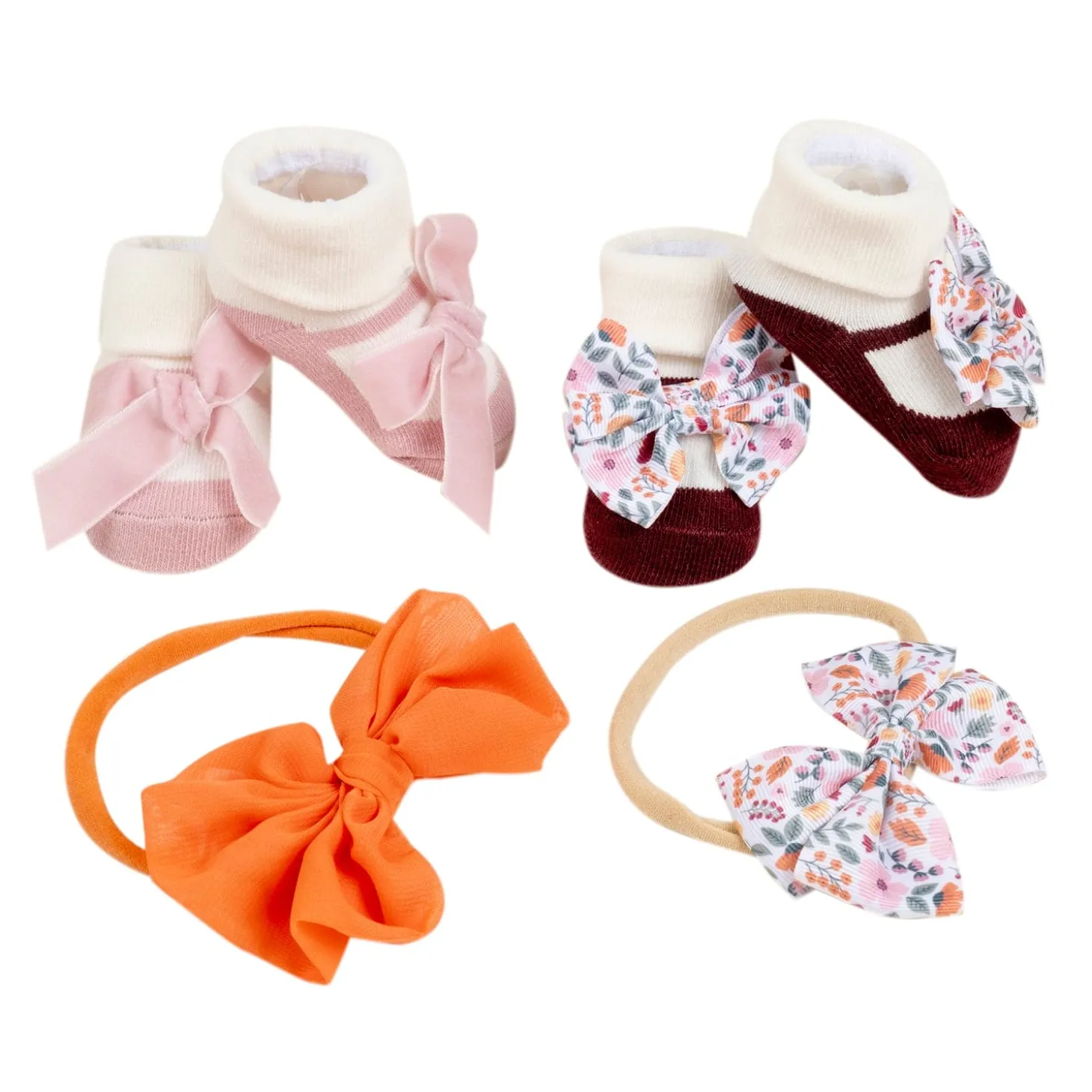 Baby Moo Vibrant Infant Girl 4-Piece Gift Hairband And Socks Set - Pink