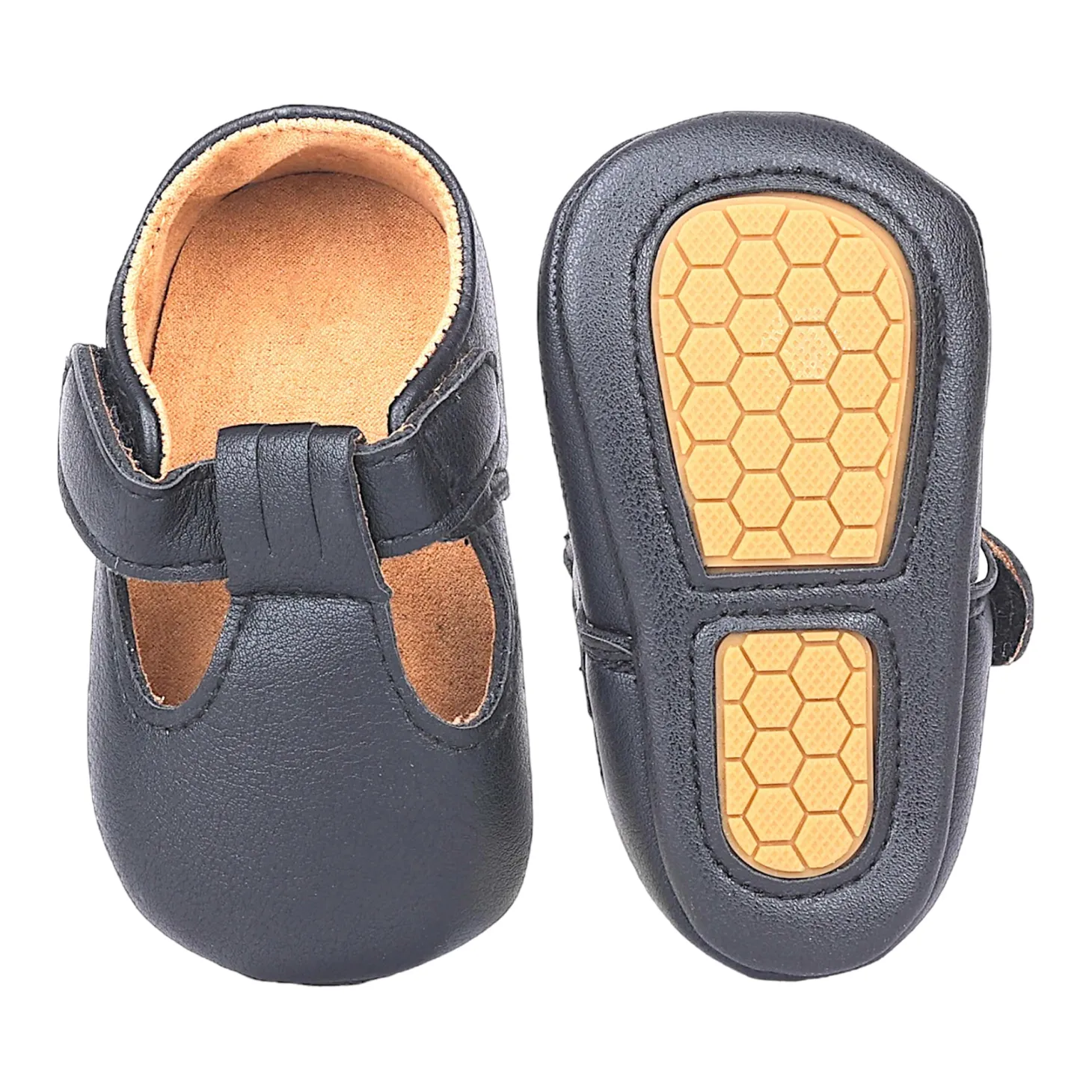 Baby Moo Vintage Vegan Leather T-Strap Anti-Skid Ballerina Pram Shoes - Black