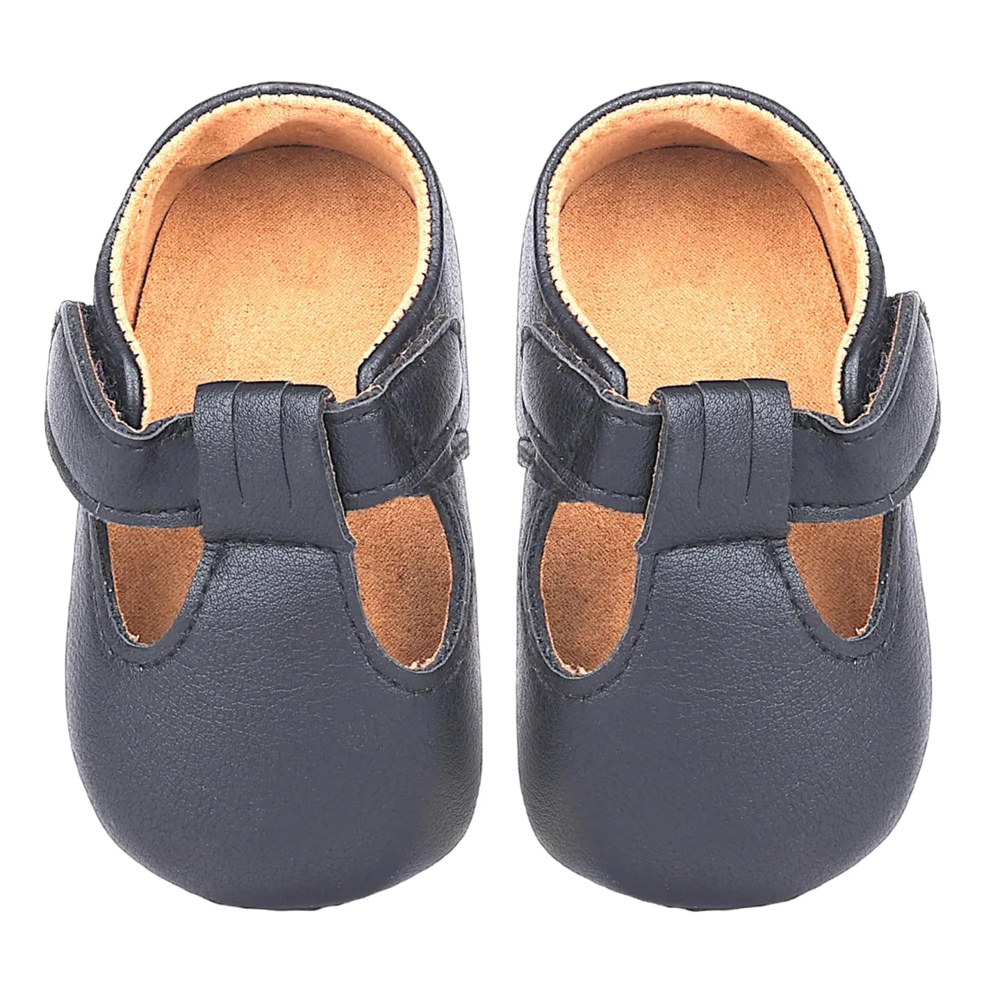 Baby Moo Vintage Vegan Leather T-Strap Anti-Skid Ballerina Pram Shoes - Black