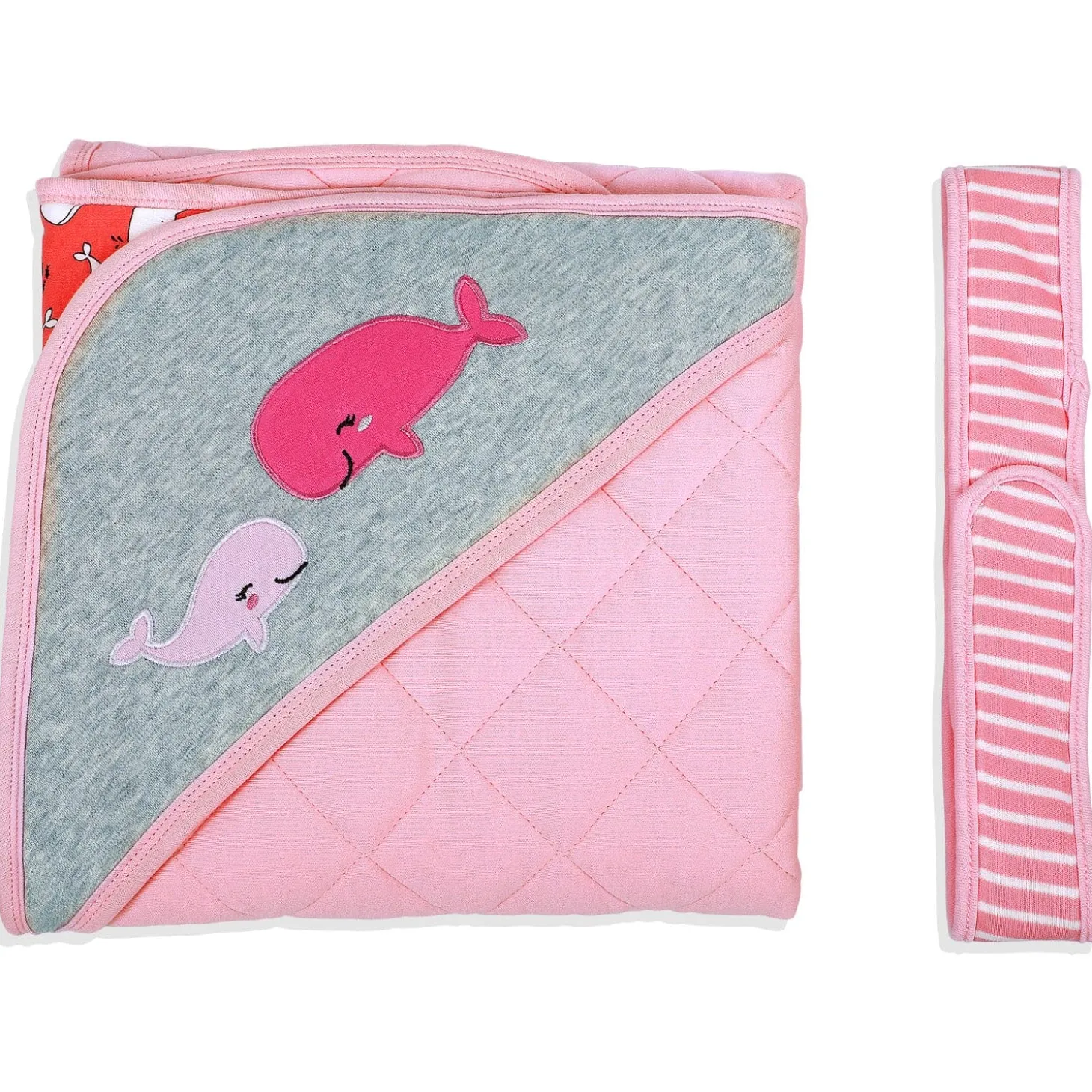 Baby Moo Whale Warm Hooded Quilted Wrapper - Pink