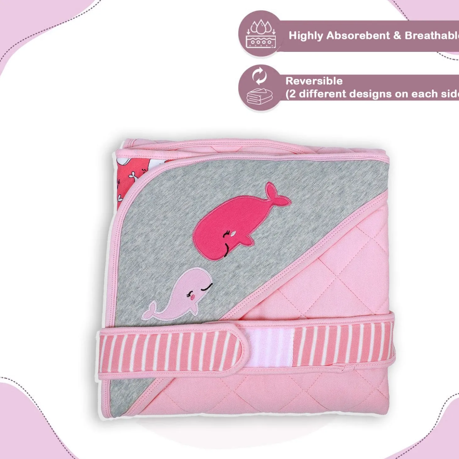 Baby Moo Whale Warm Hooded Quilted Wrapper - Pink
