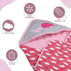 Baby Moo Whale Warm Hooded Quilted Wrapper - Pink