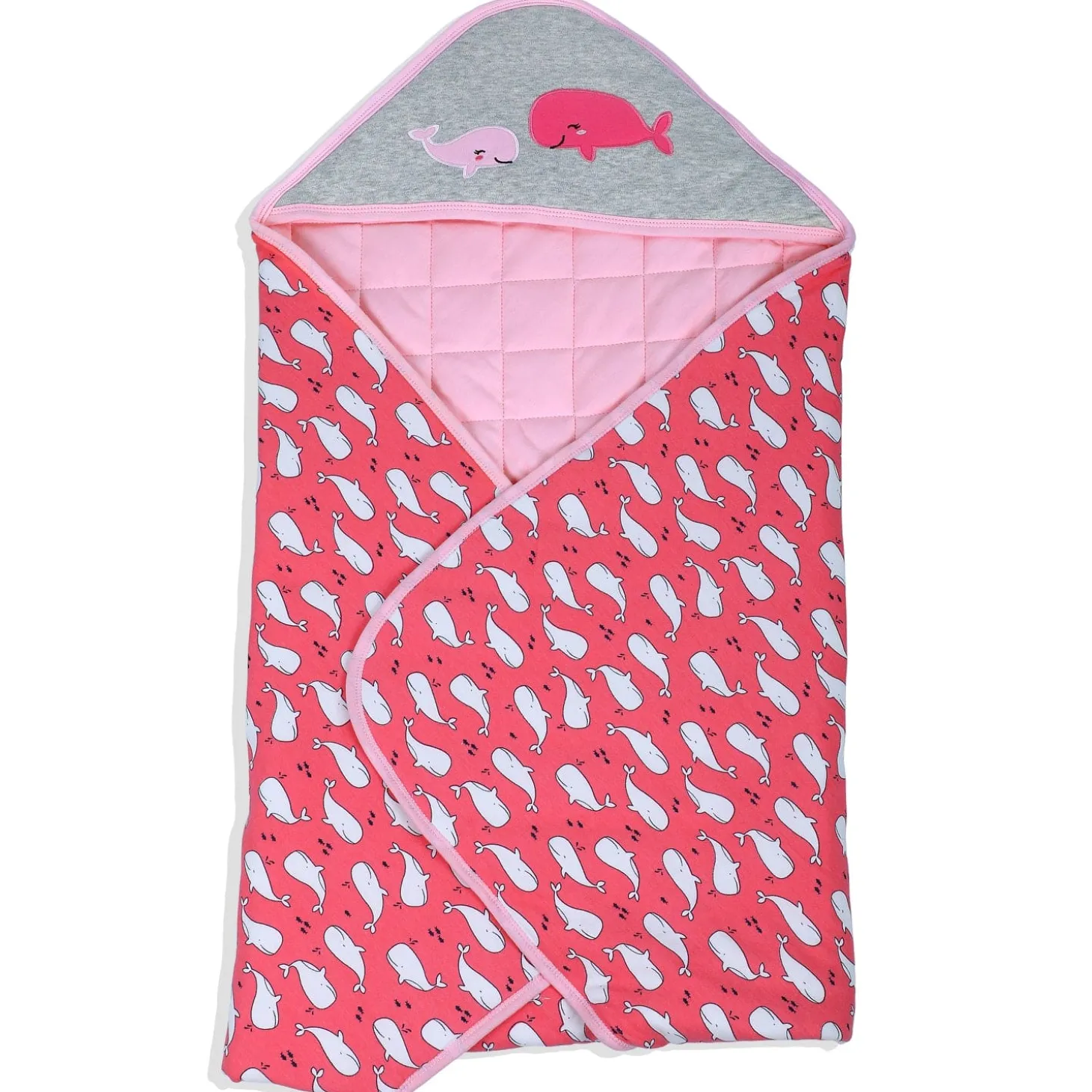 Baby Moo Whale Warm Hooded Quilted Wrapper - Pink