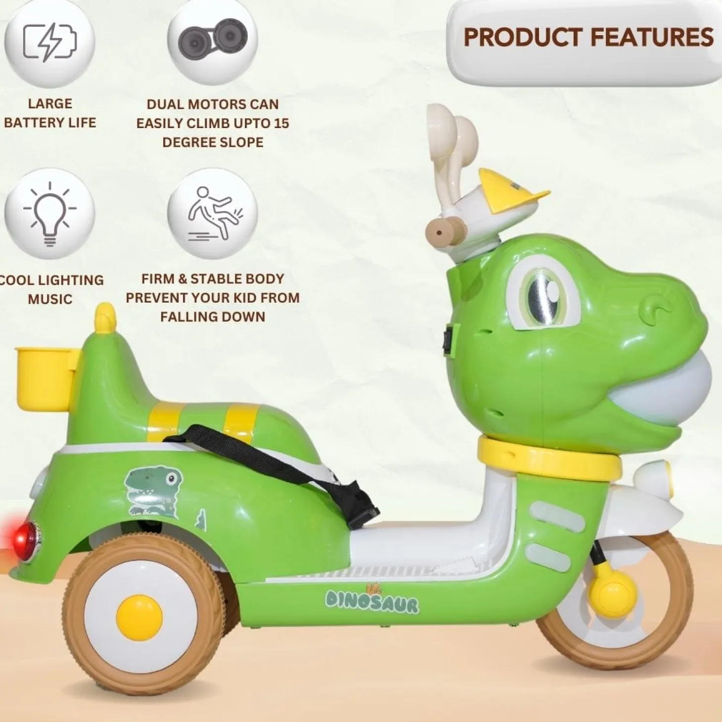 Baby Moo Whimsical Cartoon Kids Electric 3-Wheel Motorcycle Scooter Rechargeable Battery-Powered with Music & Lights Toddler Ride-On Bike Toy for Imaginative Adventures - Green