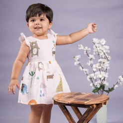 Baby Moo Wild Animals Flutter Sleeves Muslin Dress - Pink