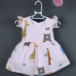 Baby Moo Wild Animals Flutter Sleeves Muslin Dress - Pink