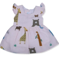 Baby Moo Wild Animals Flutter Sleeves Muslin Dress - Pink