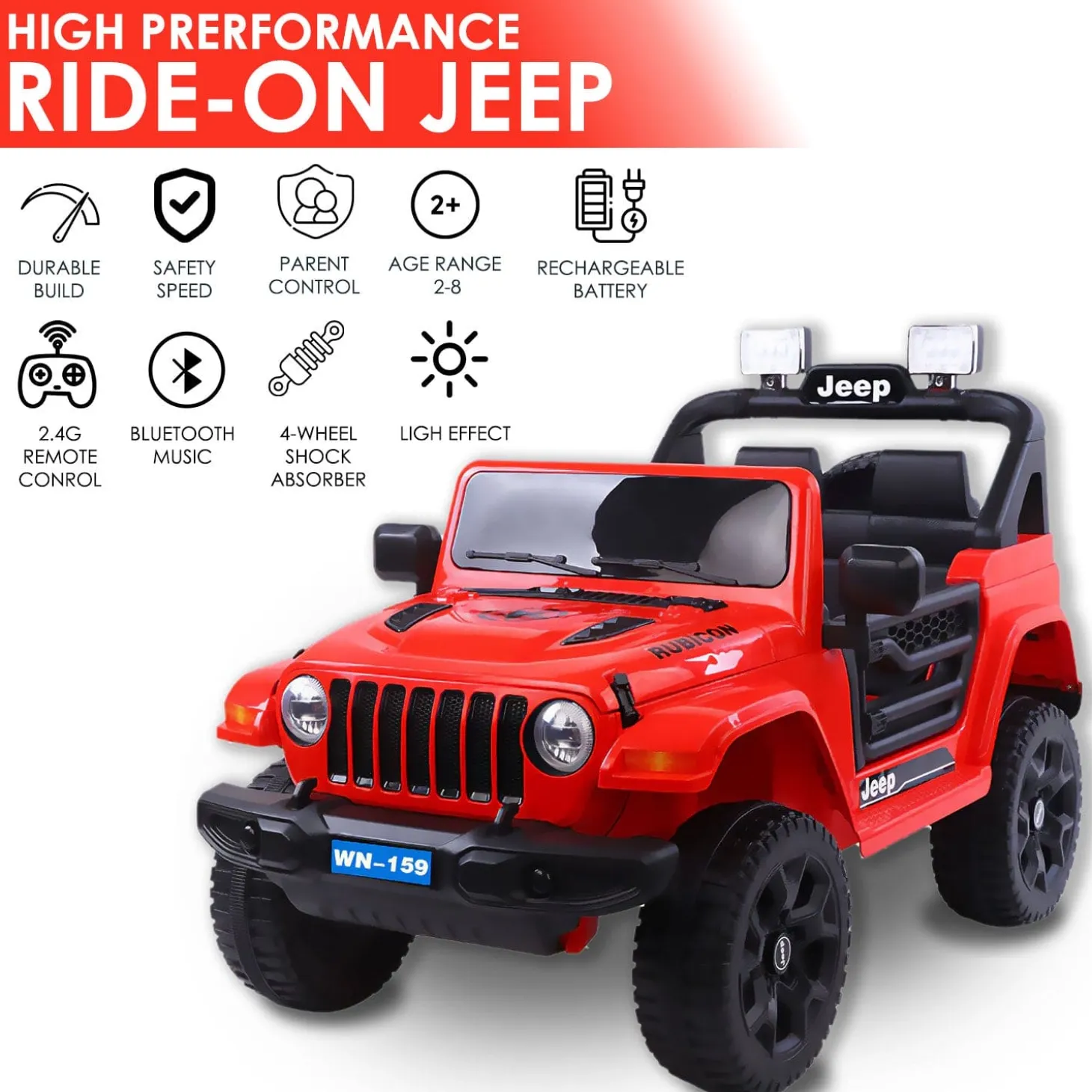 Baby Moo 4X4 Battery Operated Electric Ride On Jeep With Rechargeable 12V Battery, Remote Control Double Seat - Red