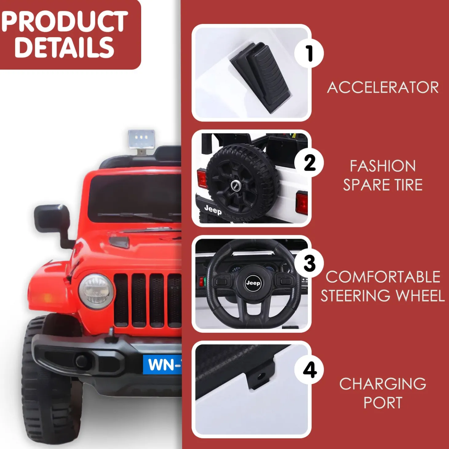 Baby Moo 4X4 Battery Operated Electric Ride On Jeep With Rechargeable 12V Battery, Remote Control Double Seat - Red