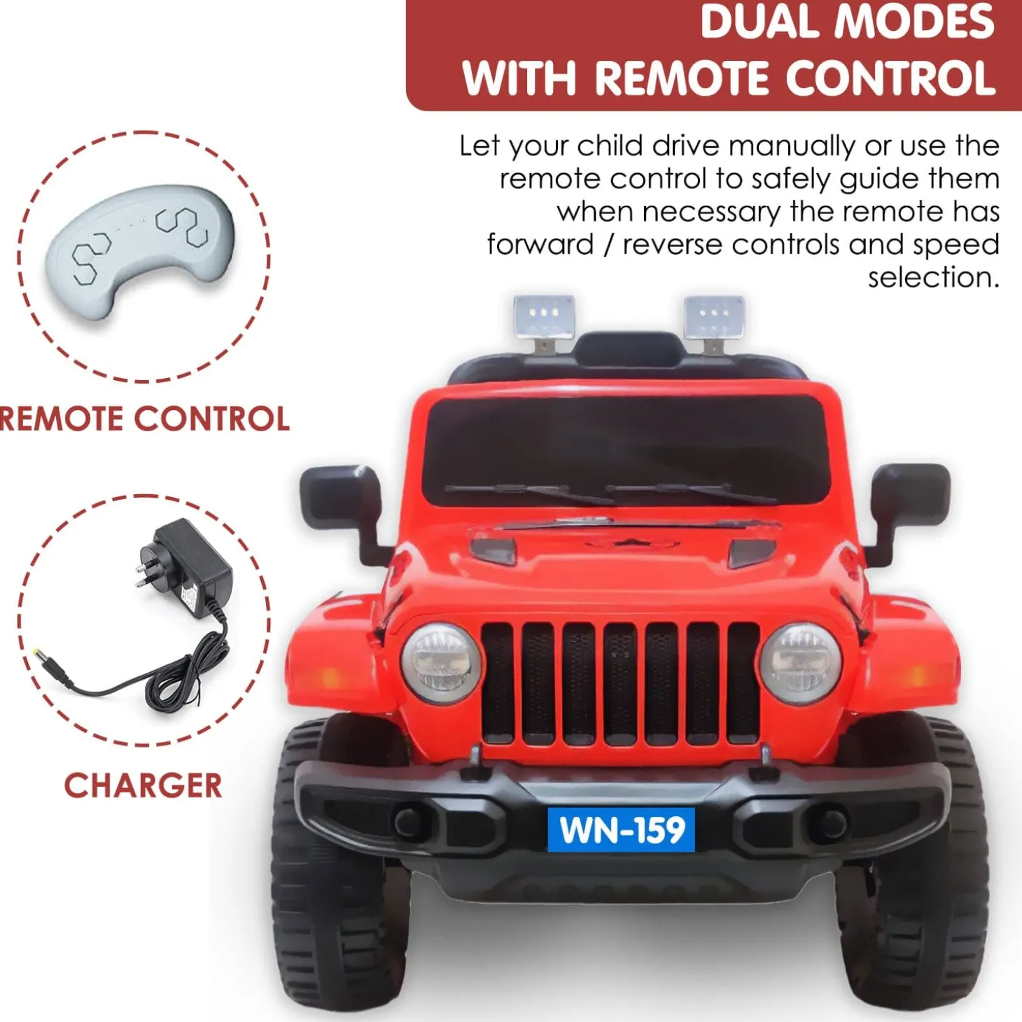 Baby Moo 4X4 Battery Operated Electric Ride On Jeep With Rechargeable 12V Battery, Remote Control Double Seat - Red