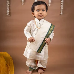 Baby Moo x Kurta Co. Traditional Dhoti Khandwa Kurta Set | Pure Pattu Silk With MLA Border | Premium Plastic Gift Box 6pcs - Cream
