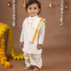 Baby Moo x Kurta Co. Traditional Dhoti Khandwa Kurta Set | Soft Banaras Silk With Gold Border | Premium Plastic Gift Box 6pcs - Cream