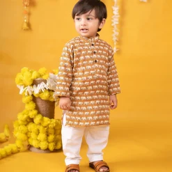 Baby Moo x Kurta Co. Traditional Ethnic Breathable Cotton Kurta Pajama Set with Enchanting Kantha Elephant Print - Mustard