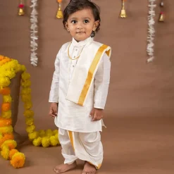 Baby Moo x Kurta Co. Traditional Dhoti Khandwa Kurta Set | Soft Banaras Silk With Gold Border | Premium Plastic Gift Box 6pcs - Cream