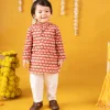 Baby Moo x Kurta Co. Traditional Ethnic Breathable Cotton Kurta Pajama Set with Enchanting Kantha Elephant Print - Red
