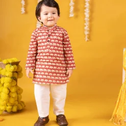 Baby Moo x Kurta Co. Traditional Ethnic Breathable Cotton Kurta Pajama Set with Enchanting Kantha Elephant Print - Red