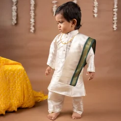 Baby Moo x Kurta Co. Traditional Dhoti Khandwa Kurta Set | Pure Pattu Silk With MLA Border | Premium Plastic Gift Box 6pcs - Cream