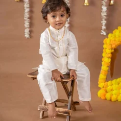 Baby Moo x Kurta Co. Traditional Dhoti Khandwa Kurta Set | Soft Banaras Silk With Gold Border | Premium Plastic Gift Box 6pcs - Cream