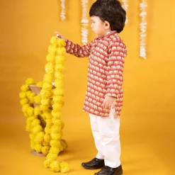Baby Moo x Kurta Co. Traditional Ethnic Breathable Cotton Kurta Pajama Set with Enchanting Kantha Elephant Print - Red