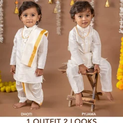Baby Moo x Kurta Co. Traditional Dhoti Khandwa Kurta Set | Soft Banaras Silk With Gold Border | Premium Plastic Gift Box 6pcs - Cream