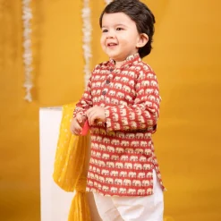 Baby Moo x Kurta Co. Traditional Ethnic Breathable Cotton Kurta Pajama Set with Enchanting Kantha Elephant Print - Red