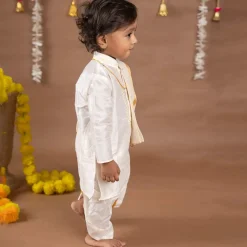 Baby Moo x Kurta Co. Traditional Dhoti Khandwa Kurta Set | Soft Banaras Silk With Gold Border | Premium Plastic Gift Box 6pcs - Cream