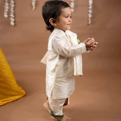 Baby Moo x Kurta Co. Traditional Dhoti Khandwa Kurta Set | Pure Pattu Silk With MLA Border | Premium Plastic Gift Box 6pcs - Cream