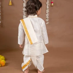 Baby Moo x Kurta Co. Traditional Dhoti Khandwa Kurta Set | Soft Banaras Silk With Gold Border | Premium Plastic Gift Box 6pcs - Cream