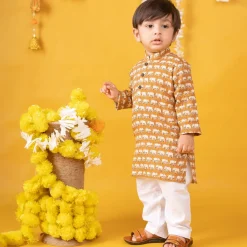 Baby Moo x Kurta Co. Traditional Ethnic Breathable Cotton Kurta Pajama Set with Enchanting Kantha Elephant Print - Mustard