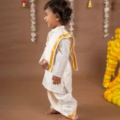 Baby Moo x Kurta Co. Traditional Dhoti Khandwa Kurta Set | Soft Banaras Silk With Gold Border | Premium Plastic Gift Box 6pcs - Cream