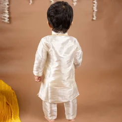 Baby Moo x Kurta Co. Traditional Dhoti Khandwa Kurta Set | Pure Pattu Silk With MLA Border | Premium Plastic Gift Box 6pcs - Cream