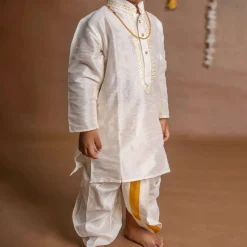 Baby Moo x Kurta Co. Traditional Dhoti Khandwa Kurta Set | Soft Banaras Silk With Gold Border | Premium Plastic Gift Box 6pcs - Cream