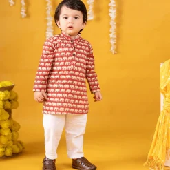 Baby Moo x Kurta Co. Traditional Ethnic Breathable Cotton Kurta Pajama Set with Enchanting Kantha Elephant Print - Red