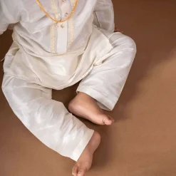 Baby Moo x Kurta Co. Traditional Dhoti Khandwa Kurta Set | Soft Banaras Silk With Gold Border | Premium Plastic Gift Box 6pcs - Cream