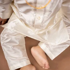 Baby Moo x Kurta Co. Traditional Dhoti Khandwa Kurta Set | Pure Pattu Silk With MLA Border | Premium Plastic Gift Box 6pcs - Cream
