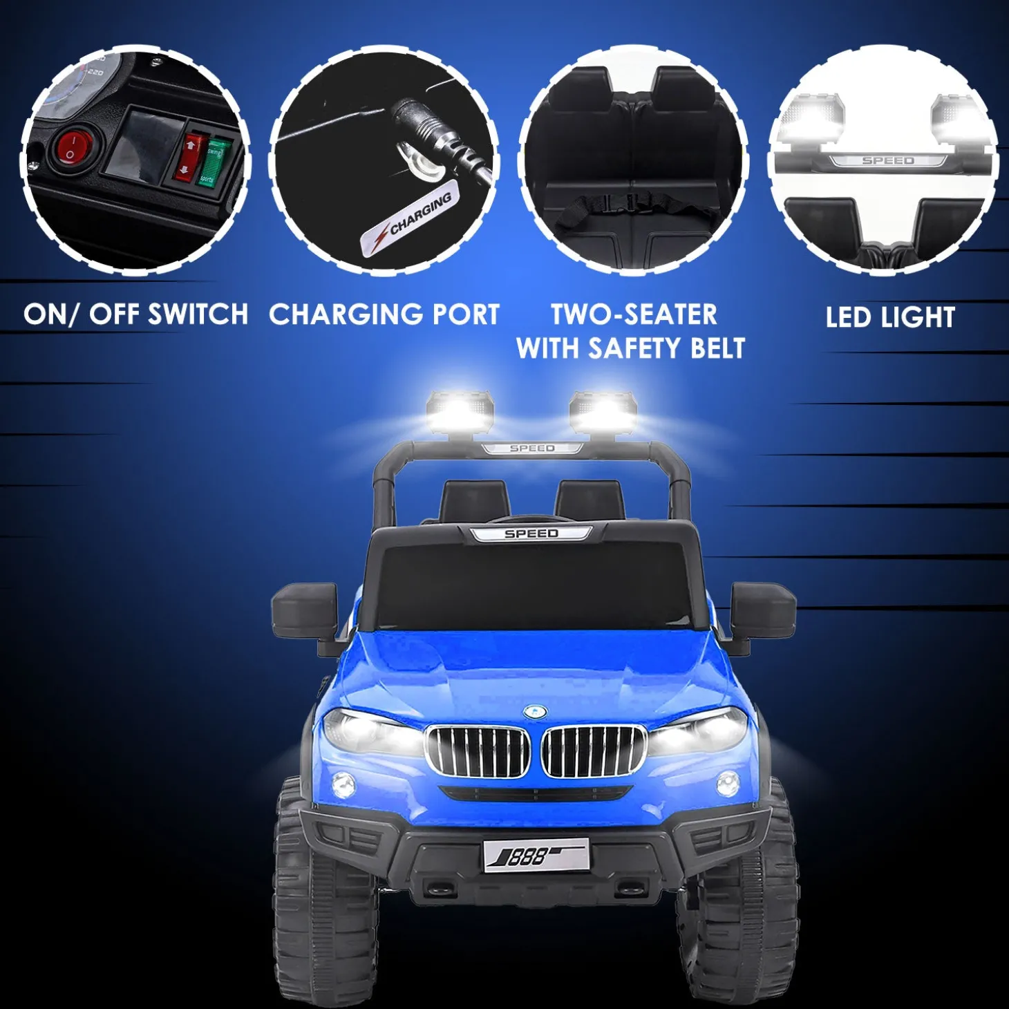 Baby Moo 4X4 Mercedes Benz Electric Ride-On Car for Kids | Rechargeable Battery | Bluetooth Remote Control | USB MP3 Player | Double Seat | Age 2-6 - Blue