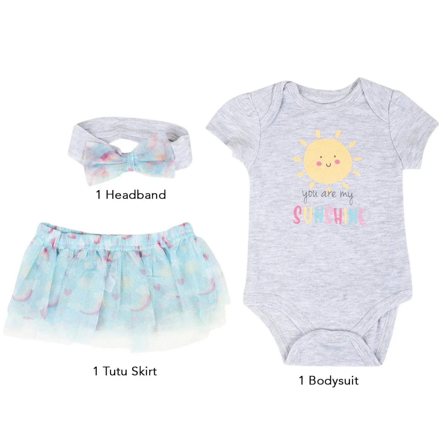 Baby Moo You Are My Sunshine Gift Set 3 Piece With Bodysuit, Tutu Skirt And Headband - Grey, Blue