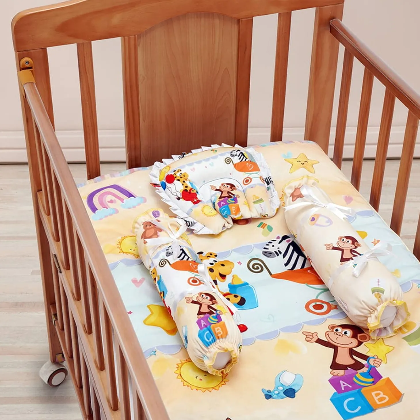 Baby Moo Zebra in Pram Soft Velvet U Pillow, 2 Side Bolsters Mattress Set - Yellow