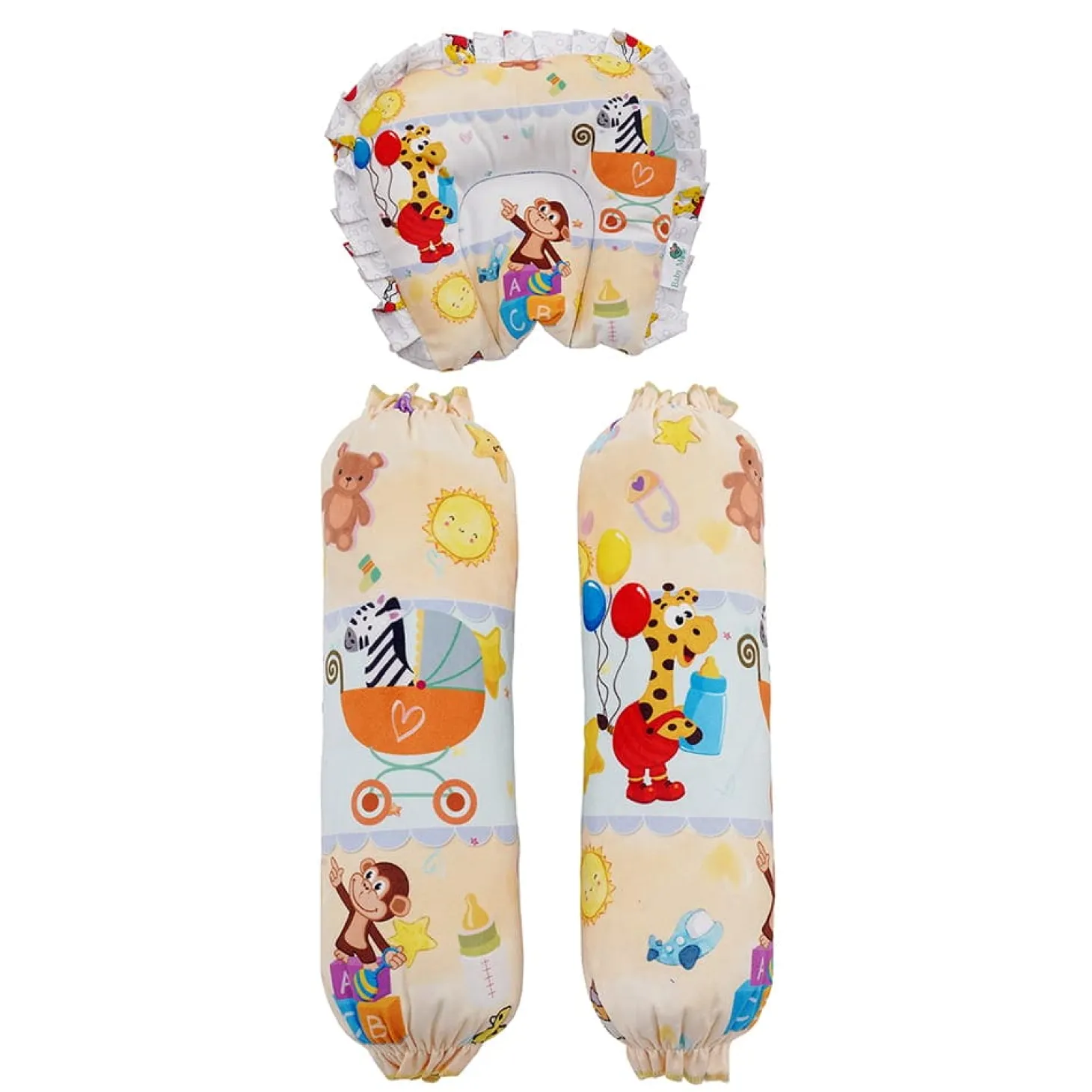 Baby Moo Zebra in Pram Soft Velvet U Pillow, 2 Side Bolsters Mattress Set - Yellow
