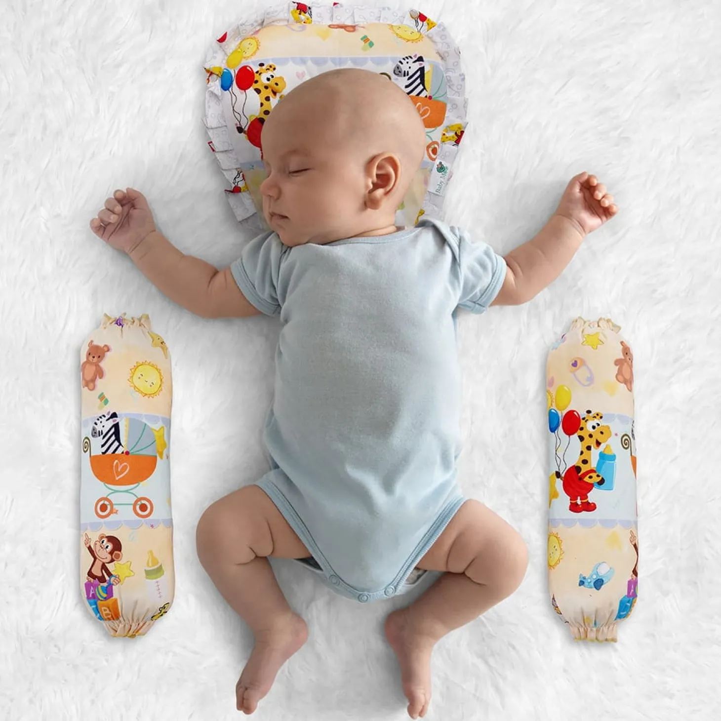 Baby Moo Zebra in Pram Velvet Side Bolster And U Shape Matching Pillow Set - Yellow